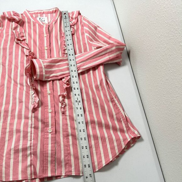 The Shirt Rochelle Behrens Button Up Ruffle Size M Pink Striped Long Sleeves - Picture 9 of 10